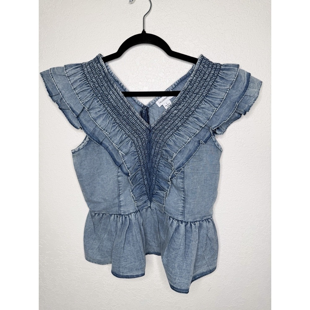 Blue Denim Ruffle Top Womens S Empire Waist V Neck Festival Western